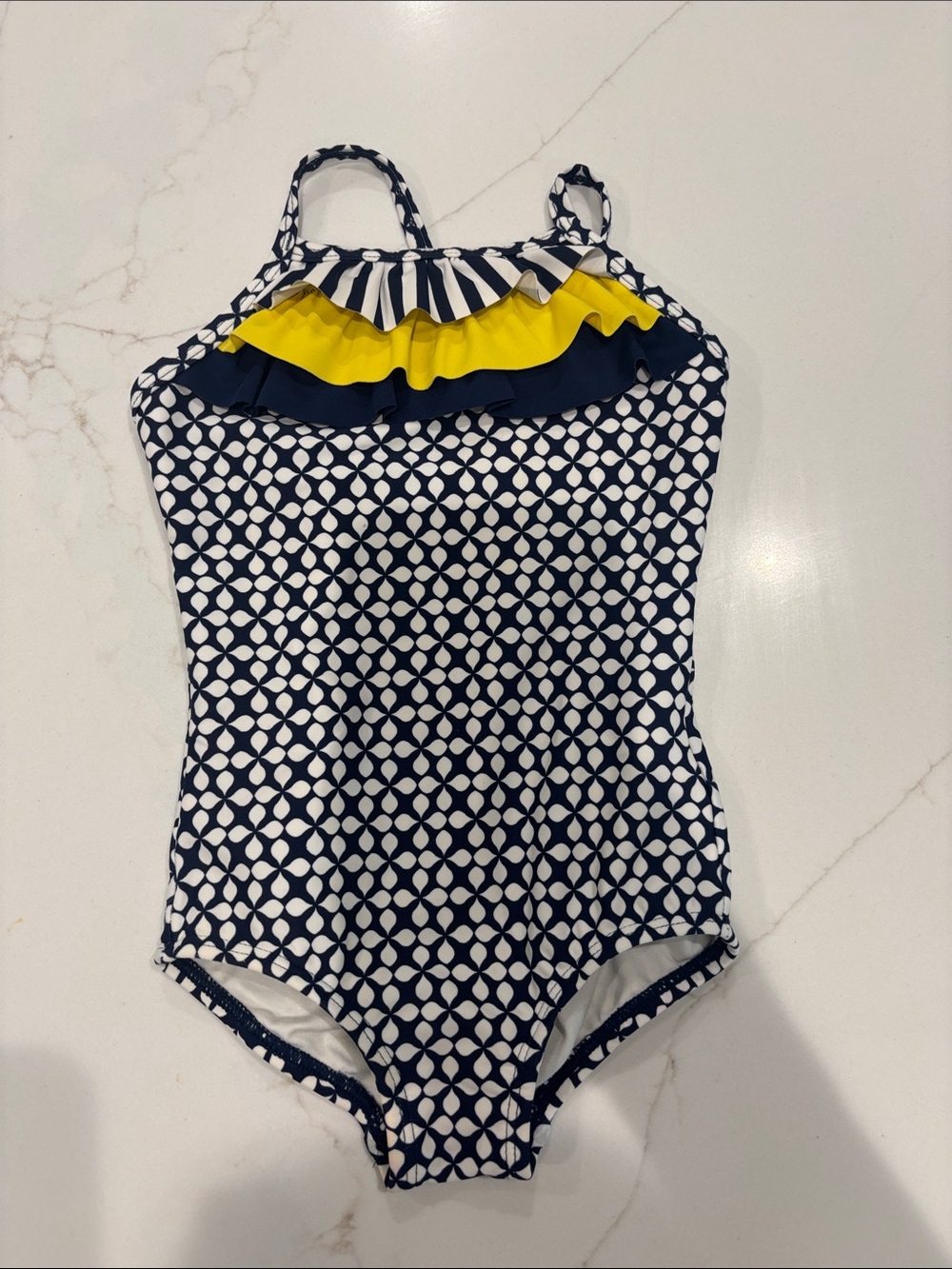 Hanna Andersson Navy & Yellow Ruffle One-Piece Swimsuit 18-24mo